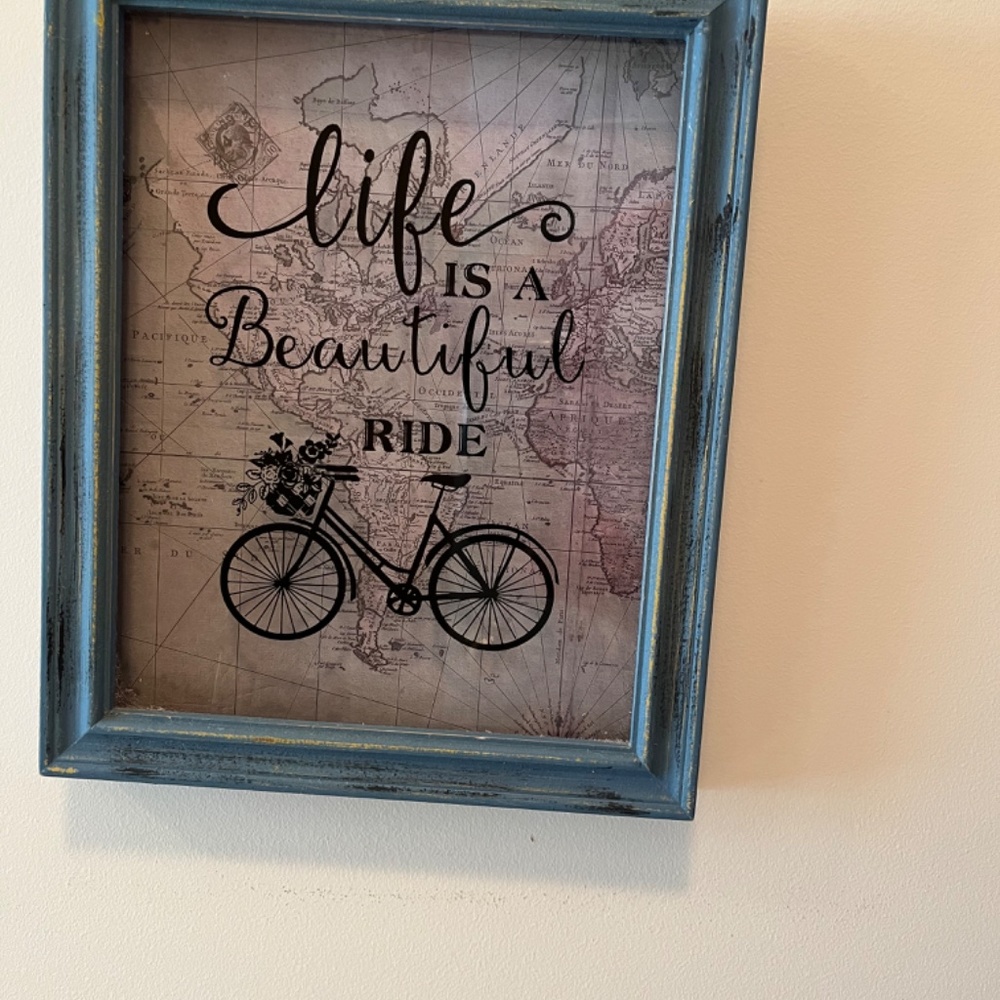 Life Is A Beautiful Ride in Rustic Blue Frame w Map Background - Picture 2 of 5